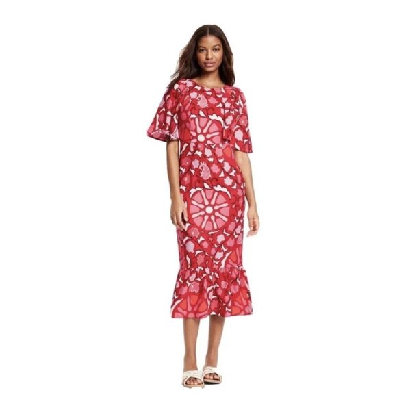 Rhode Zinnia Floral Print Bell Sleeve Midi Dress Red/Pink Floral Linen/Rayon 14 - Picture 1 of 15